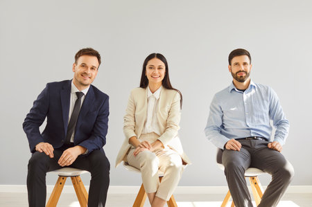 Smiling three diverse team posing differently looking at camera chair sitting, happy young corporate staff, bank workers, HR agency recruitments, meeting, staff motivation, business people clientsの写真素材