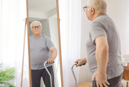 Senior old man, pleasant grandfather elderly person retired patient standing looking in full length mirror and seeing his ageing body at home or in retirement house, trying to stay fit, healthyの写真素材