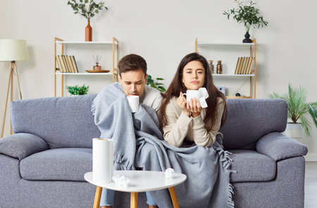 Sick wife and husband are drinking hot tea, sitting on the sofa in the living room. Young unhealthy family couple covered with plaid, caught cold and have flu symptoms. Healthcare and treatment.の写真素材