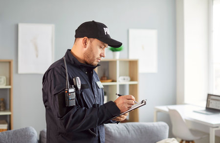 Policeman writing crime data report, statistic, interrogating victim or witnessed, officer police...