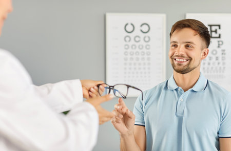 Professional ophthalmologist gives glasses to a patient. Woman doctor hands new eyeglasses to a...