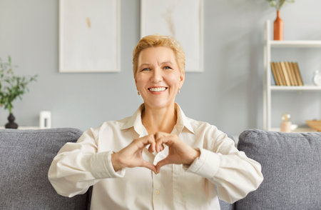 Smiling mature woman with short blonde hair sitting on cozy sofa in living room, forming heart shape symbol with her hands. Cheerful lady expressing love, gratitude and positivity, looking at camera.の写真素材