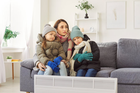 Portrait of frozen young mother with kids sitting on sofa in living room in winter outwear at home...