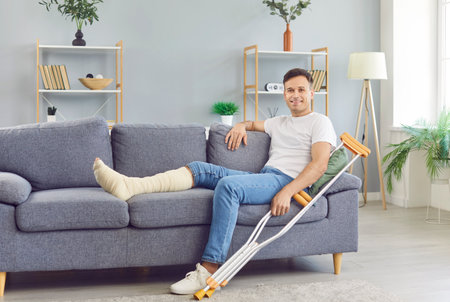 Young smiling man with crutches sitting on sofa at home on rehabilitation with leg in plaster cast after injury. Patient wearing sling or bandage after accident. Recovery and rehab concept.の写真素材