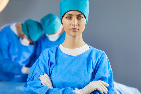 Portrait of beautiful confident young woman doctor or assistant nurse in surgical gown, cap and gloves standing arms folded in operating theater room with team of surgeons doing surgery in backgroundの写真素材