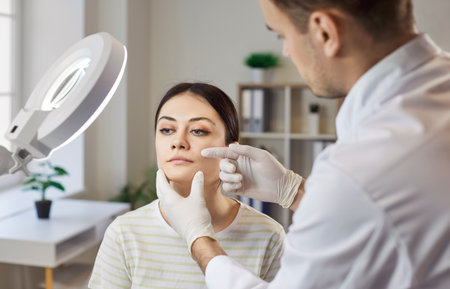 Dermatologist, cosmetologist, beautician doctor looking very closely at woman face skin professional magnifying glass, dermatology clinic consultant of mole or skin growth, plastic surgeon detectionの写真素材