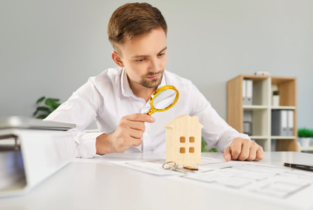 Young male real estate appraiser sitting at his working desk in the office and looking at a small wooden toy house through a magnifying loupe glass. Home appraisal business conceptの写真素材