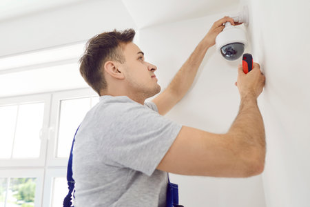 Electrician is installing a CCTV surveillance camera system in a home or office. The worker ensures proper setup and guard system functionality for enhanced security and monitoring.の写真素材