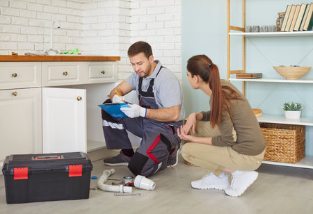 Commercial plumbing service plumber in work uniform with equipment toolbox communicate discuss with apartment owner price checklist cleaned kitchen sink drain, valve replace, damaged leaky pipe repairの写真素材