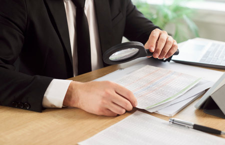 Unrecognizable man dressed formally, using magnifying glass to zoom document, checking financial report, looking skeptically, doing research work, posing at office desk. Accountant investigationの写真素材