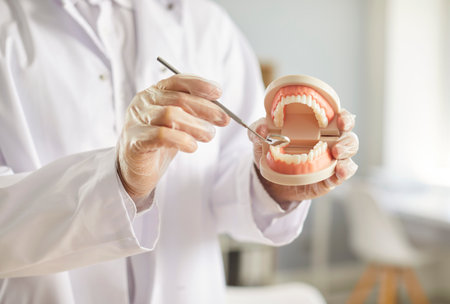 Plastic model of jaw in hands of dentist. Oral hygienist or orthodontist holding artificial jaw model and dental mirror demonstrating dental care rules or treatment methods for proper oral hygiene.の写真素材