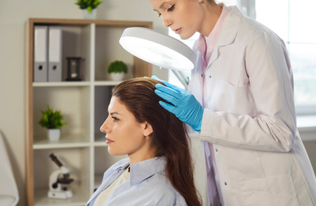 Patient hair and scalp examination by professional trichologist and dermatologist with magnifying glass in hospital office. Doctor looking at hair of young woman for diagnosis. Trichology conceptの写真素材