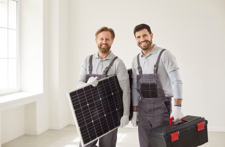 Happy workers team, male group ready for home, office battery installations, indoors, outside polycrystalline solar panel power solution to install in residential, commercial building, portable systemの写真素材