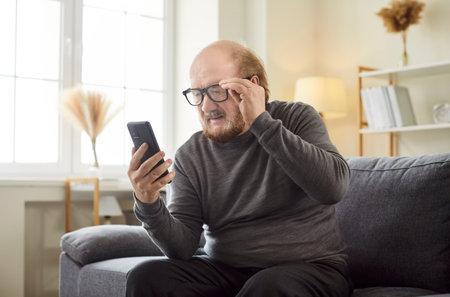 Portrait of senior man wearing eyeglasses and casual clothes sitting on sofa in living room at home...