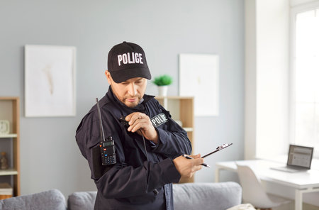 Police officer communicating and talking via wireless radio while investigating a crime scene at...