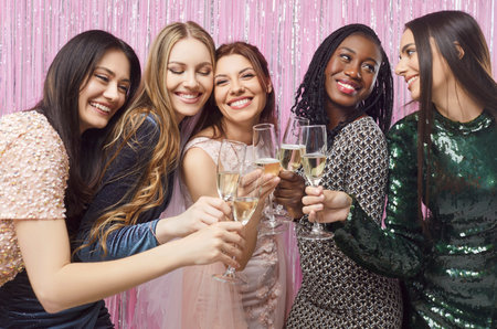 Happy funny beautiful multiracial friends girls, bride drinking champagne, women have hen party at...