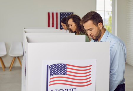 American citizens people USA voters standing in a row at polling station at vote center with us...