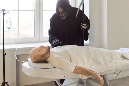 Grim reaper with scythe visits deceased senior man patient in hospital, marking death in a somber...