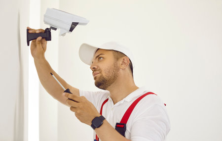 Modern technologies. Concentrated male installer is using screwdriver to mount CCTV camera on white...