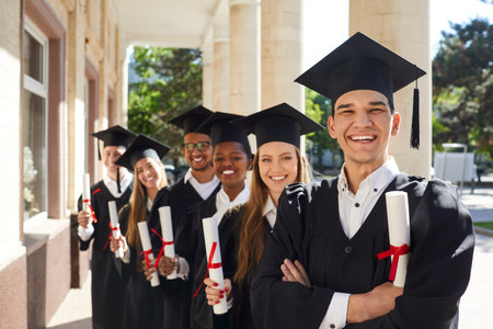 Photo of smiling college graduates standing behind each other. Happy international students in...