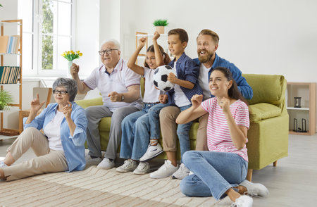 Family grandparents, parents and children football fans watching soccer game together on TV sitting...
