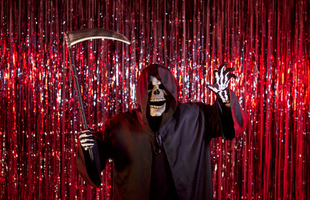 Grim Reaper wearing skull mask, frightening dark black cloak, skeleton gloves, holding large scythe, spooky Halloween fun party fear themed event, personification of death sparkly red backdropの写真素材