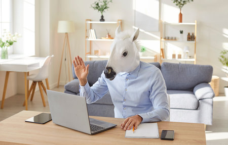 Businessman wearing horse mask joins online video call at home, working with laptop for meeting and conversation, ensuring business communication in a unique and quirky setting with focus.の写真素材