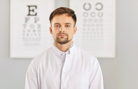 Portrait of a young confident male ophthalmologist doctor wearing white uniform looking at camera standing in ophthalmology medical clinic. Medicine, vision and eye health concept.の写真素材