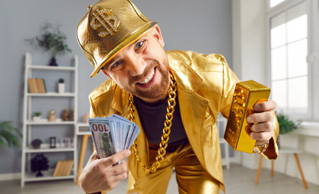 Happy funny young man holding dollars banknotes and gold bar standing in living room at home...