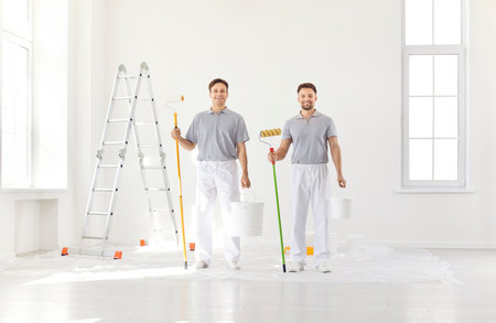 Portrait of smiling happy team of house painters looking at camera holding paint rollers and going to paint the wall of new apartment. Building contractors doing repair renovation preparing to move.の写真素材