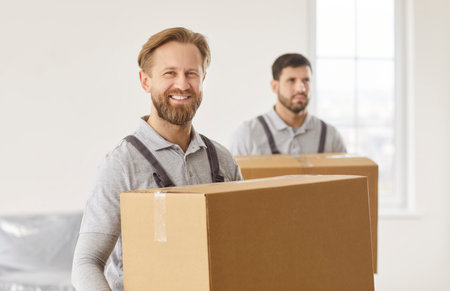 Men delivery workers holding carton boxes with belongings, have glad expressions, working in moving company, standing in empty apartment, unloading items. Delivery and moving serviceの写真素材