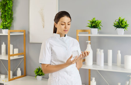 Spa beauty salon with professional beautician standing by shelves with bottles of cosmetic products. Woman cosmetologist opening glass jar with facial skin care cream or lotion. Cosmetology conceptの写真素材