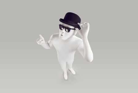 Top view portrait of a funny faceless unrecognizable person wearing black hat and glasses in white...