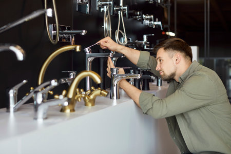 Portrait of a young male customer choosing faucet for house standing in construction market or shop...