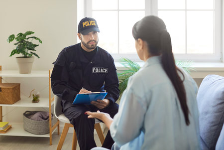 Police officer in uniform talking to worried woman witness or victim and taking notes for report....
