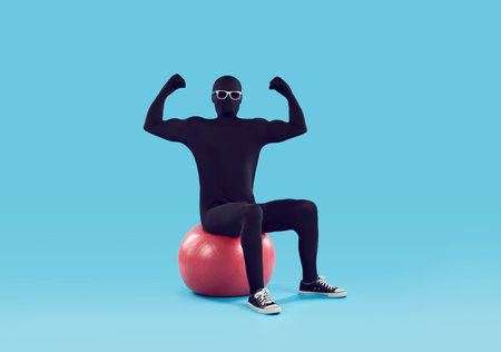 Incognito faceless unrecognizable funny man wearing black skinny bodysuit costume with glasses and...