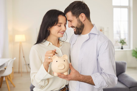 Savings for future, dream or new home. Young couple with piggy bank in their hands radiate happiness as they save money for their future. Man holds piggy bank while woman places shiny coin inside.の写真素材