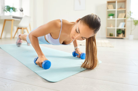 Woman performing pushups with dumbbells in a plank position during home gym workout. Exercise...