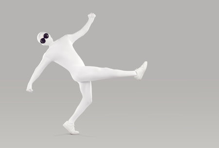 Full length portrait of a funny, happy man in a white, faceless, skintight, spandex bodysuit costume...