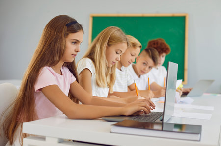 Group of school children having class, writing in notebooks, and using computers in classroom. Pretty long haired student girl doing online test on laptop while sitting at desk with her classmatesの写真素材