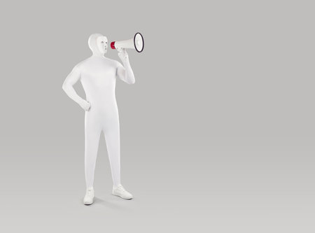 Full length shot of man wearing white spandex bodysuit costume and mask standing on light grey copy space background, holding megaphone, and making announcementの写真素材