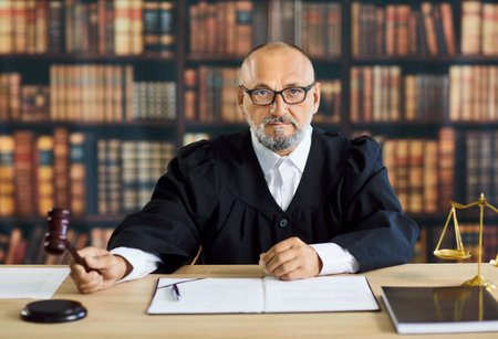 Judge holding gavel in courtroom to strike and approve law and justice in court case. Senior man sitting at wooden desk with balance scales to announce verdict for legal trial and authority decisionの写真素材