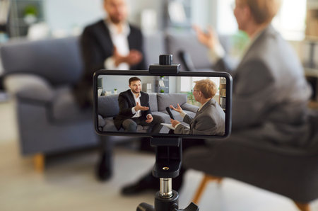 Smartphone screen showing woman speaking using professional microphone, taking video for blog, host, speaker holding program air broadcasting, recording audio, webinar training, lectureの写真素材