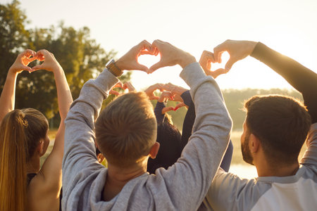 Rear back view, group of people standing outdoors, facing away from the camera with their hands raised and forming heart shapes, enjoy sunset in beautiful nature. Concept of unity and loveの写真素材