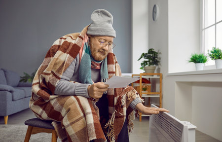 Bills for this month are too high. Elderly man has high bills due to problems with electricity costs for heating house. Man wrapped in plaid warms hands against electric heater and reads utility billsの写真素材