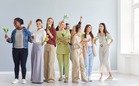 Full length portrait of diverse happy charming women group holding yellow flowers tulips bouquet standing in a row and smiling on gray wall background. International Womens Day concept.の写真素材
