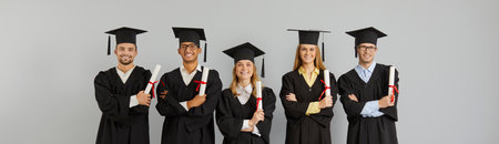 Happy proud diverse mixed race international college or university students in graduate hats and gowns holding paper diplomas and smiling at camera standing on gray background at graduation eventの写真素材