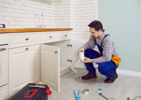 Young male plumber in uniform fix water system in client kitchen. Professional man plumbing specialist or worker on appointment at customer home. Good company service concept.の写真素材