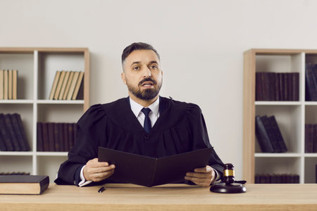 Judge passes judgement on the accused. Portrait of a young man in a robe reading the sentence while sitting at his table in the courtroom during a court session. Law, justice and legislation conceptの写真素材
