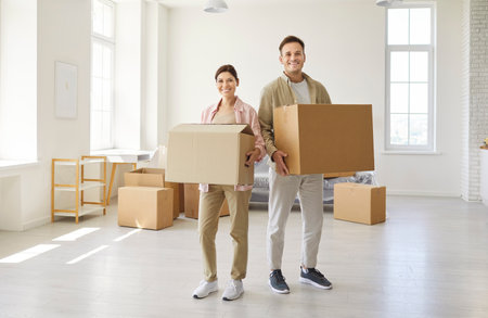 Happy couple moving cardboard boxes into new apartment. Sunlit living room with big windows, minimal...
